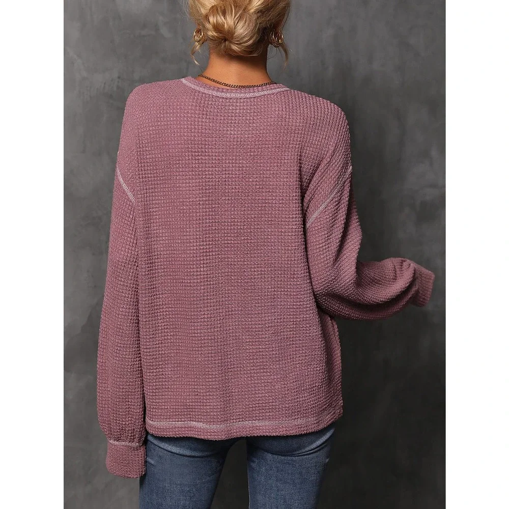 Minimalist Bishop Sleeve Pocket Patched Topstitching Tee waffle thermal - Picture 4 of 10